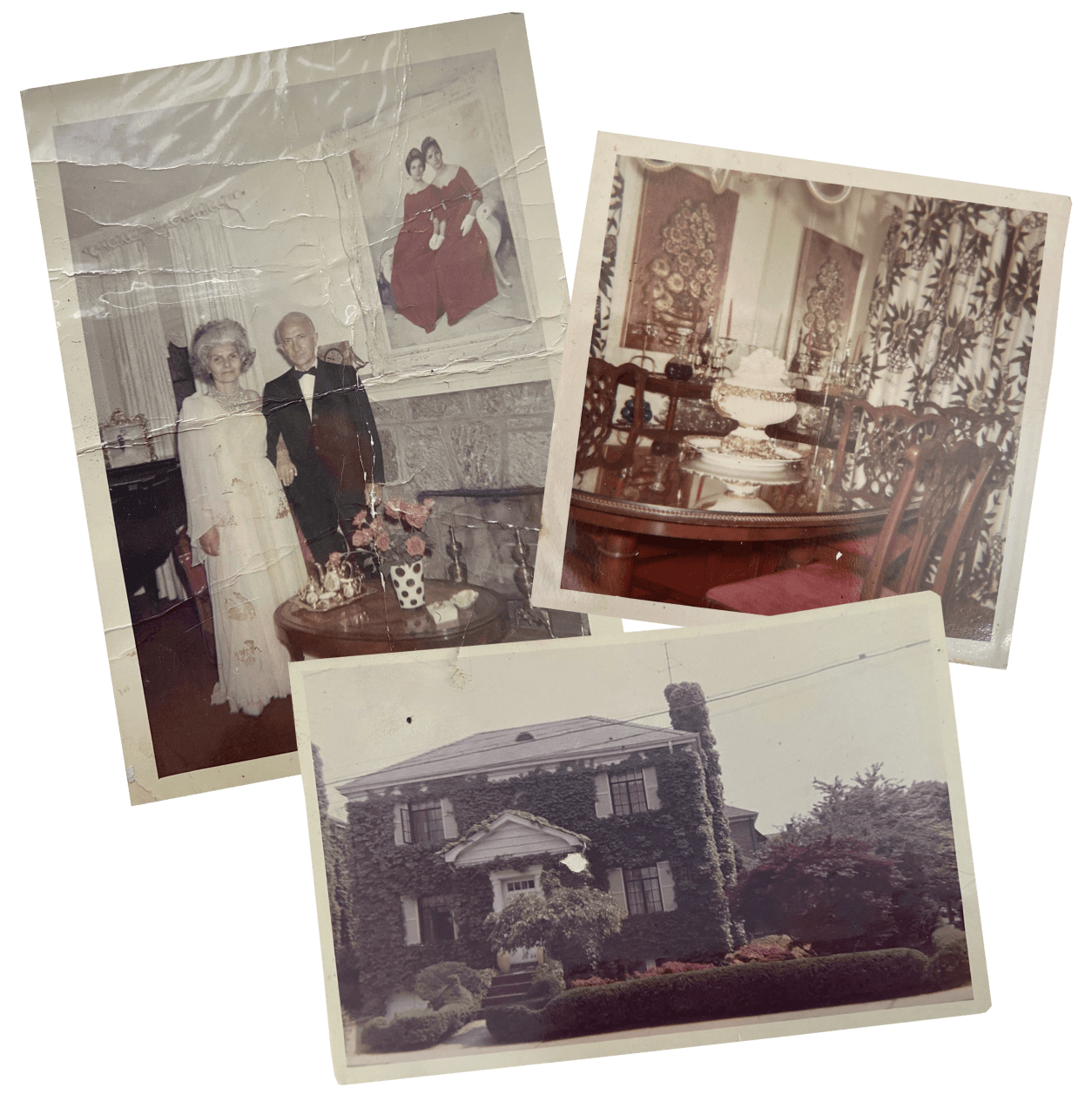 Josephine and Alessandro at home, the dining room, and the ivy-covered house